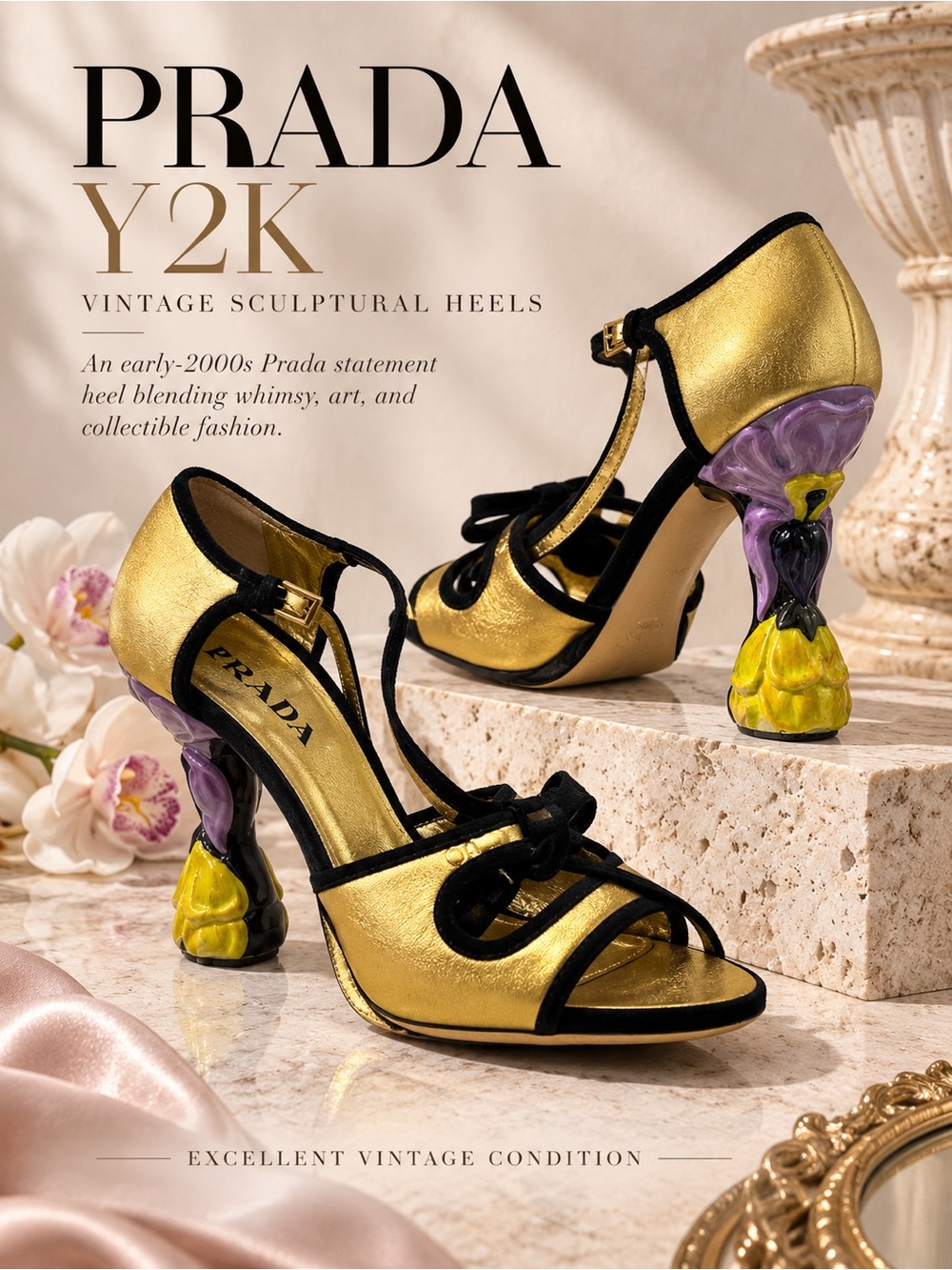 Prada Fairy Metallic Gold T-Strap Heels with Purple & Yellow Sculptural Heels